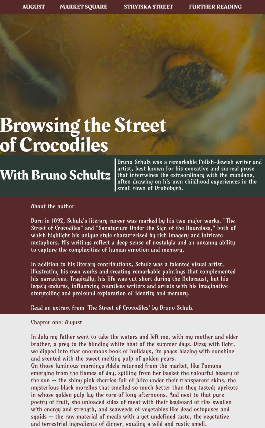 Full-page mockup overview of The Street of Crocodiles website