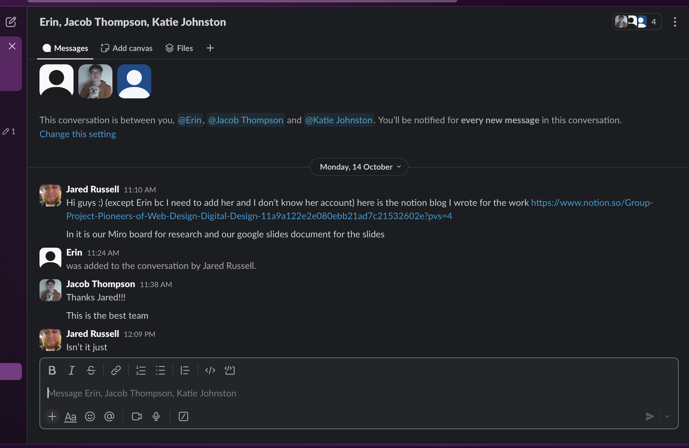 Screenshot of project organisation in Notion and Slack